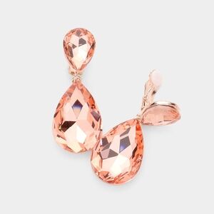 Peach Dangle Crystal Clip On Earrings 2 Inches Double Tear Drop ClipOns Jewelry